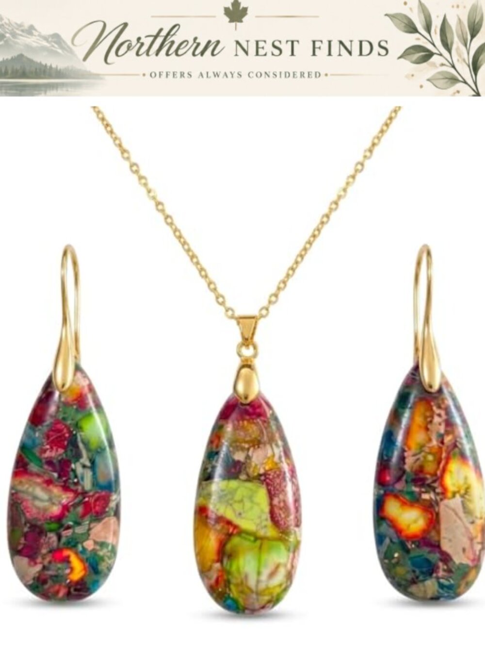 Jasper Teardrop Necklace & Earrings Set Gold Tone Bohemian Gift